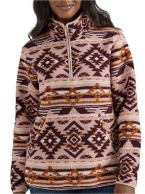 Wrangler Cozy Aztec Print Quarter-Zip Pullover Sweater - Pink/Brown